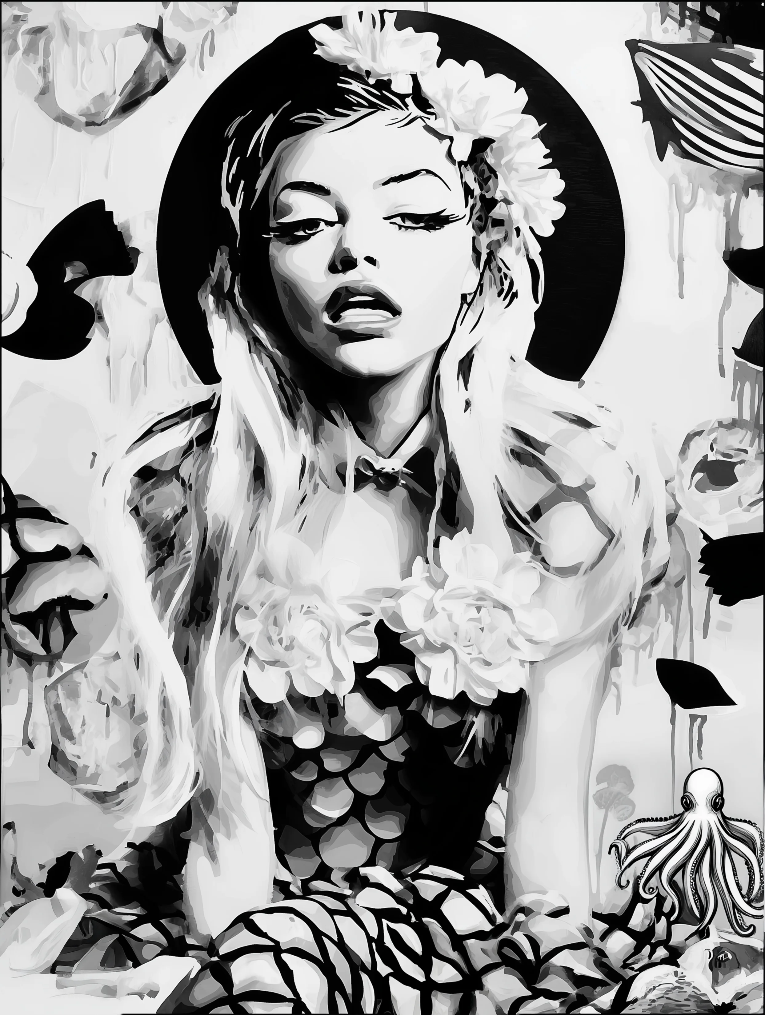 Free printable mermaid coloring page for adults featuring haute couture mermaid with octopus